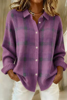 Lifestyle shot of the Inez button-up cardigan in purple, worn outdoors for a relaxed, confident appearance.