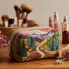 Front view of the Jade handmade quilted cosmetic bag in a soft, elegant pattern, showcasing its delicate stitching and secure zip closure.