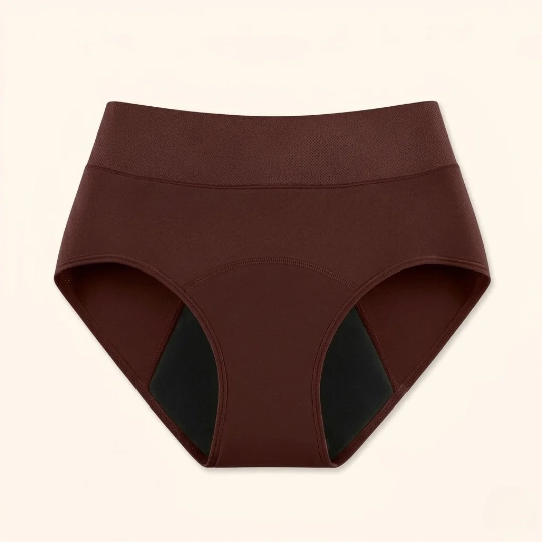 Side profile of a model wearing black Kaelin leak-proof underwear, demonstrating the comfortable and secure fit.