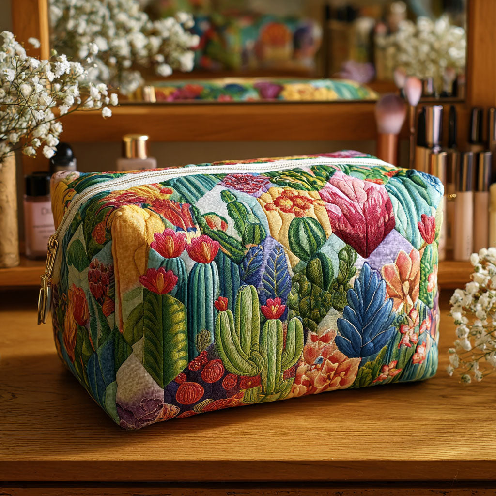 Overhead view of a Kiera quilted cosmetic bag in succulent plants print, featuring a secure zip closure.