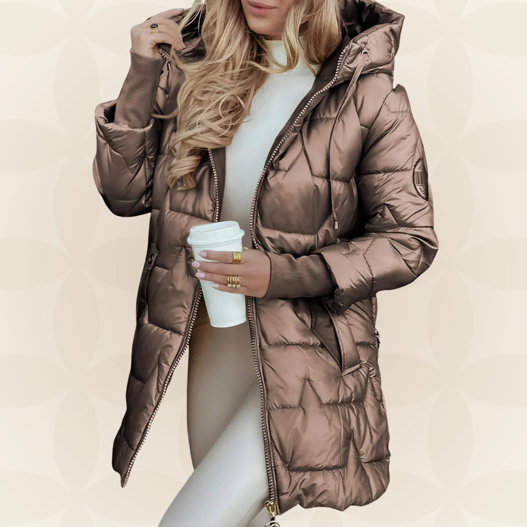 Side profile of a brown Kiera hooded winter jacket showing the padded texture.