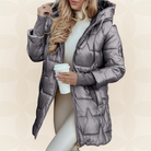 Close-up of the hood detail on a grey Kiera hooded winter jacket.