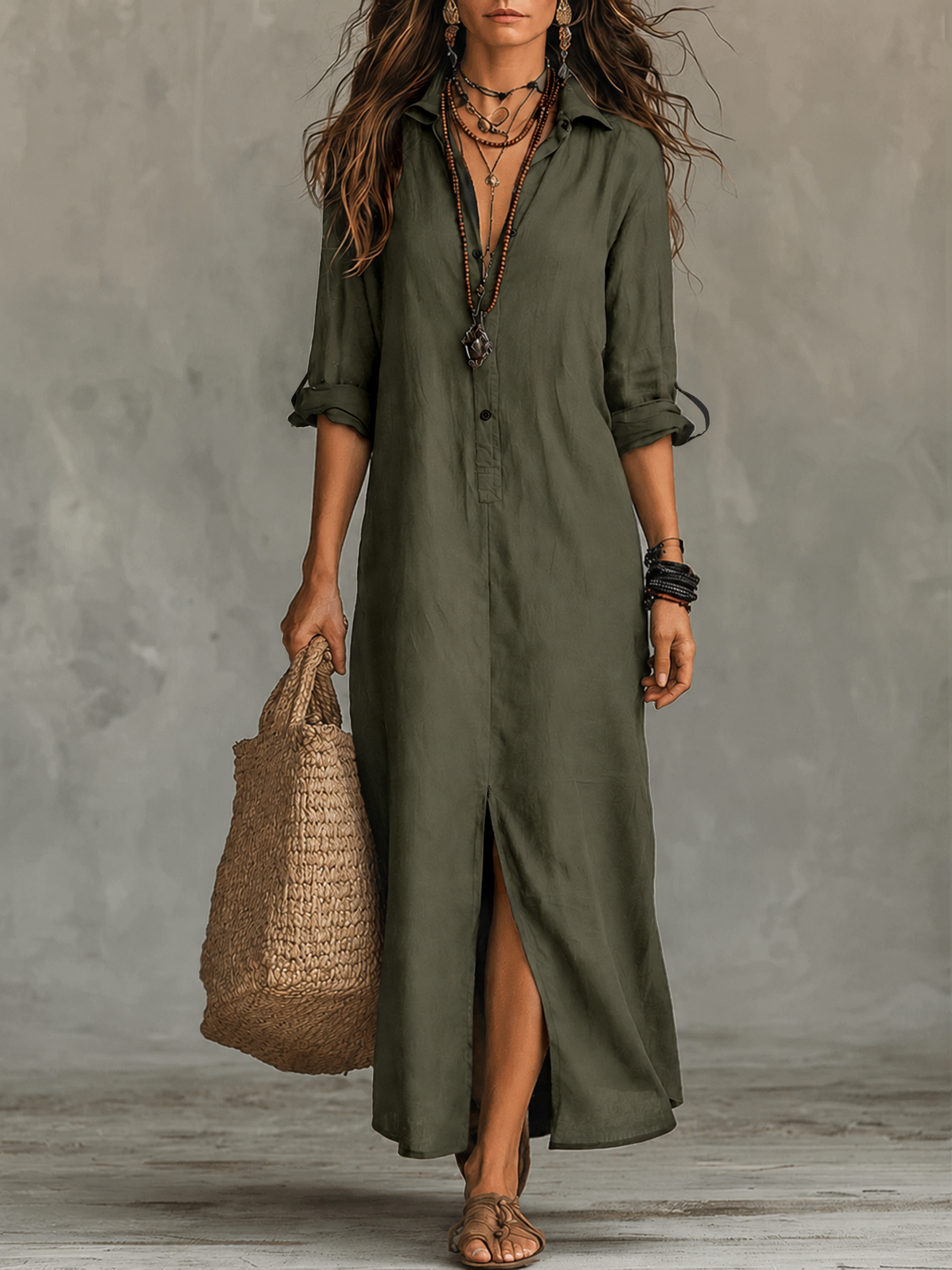Full-length view of a white long sleeve maxi dress, perfect for a sophisticated yet relaxed ensemble.
