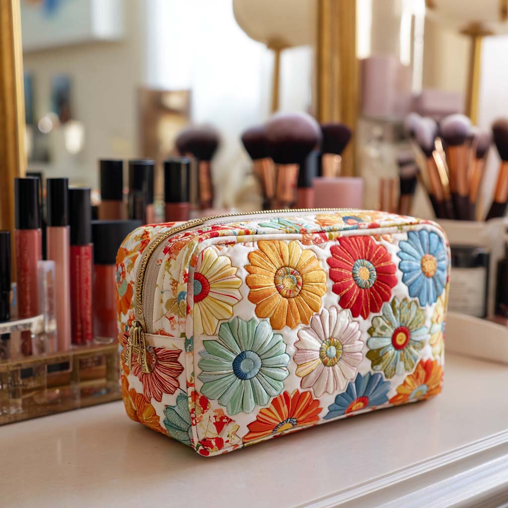 Lila quilted cosmetic bag in brilliant petals print, showcasing its textured fabric and vibrant floral design on a neutral background.