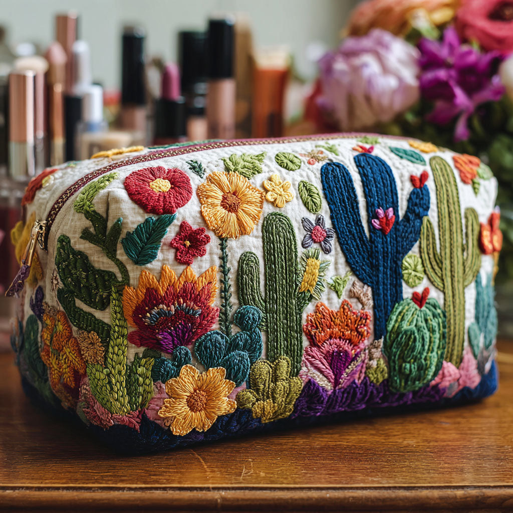 Front view of the Lila quilted cosmetic bag featuring a vibrant succulent plant pattern on a light background, showcasing its durable texture and elegant design.