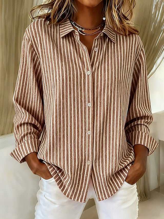 Detailed close-up of the khaki Linnea relaxed fit shirt fabric, showing the visible vertical stripes.