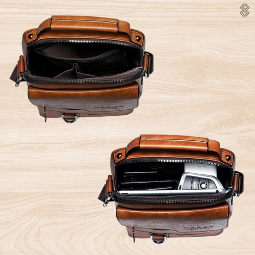 Caleb shoulder bag in dark brown, styled with a blazer, highlighting its refined and polished appearance.