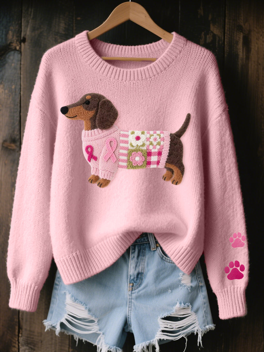 Close-up of a women's Maeve T-shirt in pink, showing the detailed dachshund felt pattern with a small bow.