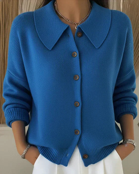 Front view of the Maeve classic button-up cardigan in blue, showcasing its loose fit and smooth knit.