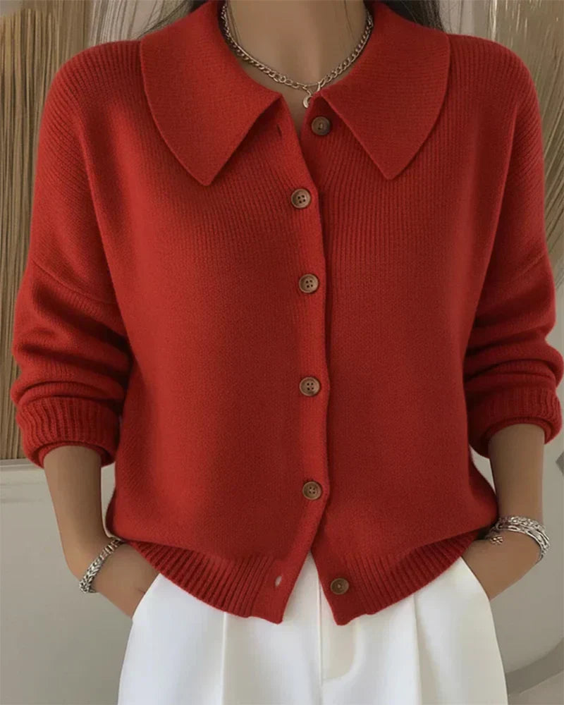 Side profile of the Maeve classic button-up cardigan, highlighting the relaxed drape and button details.
