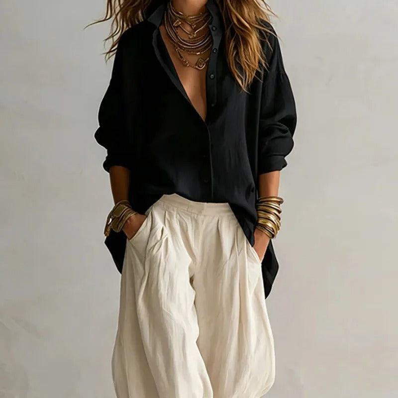 Three pairs of wide-leg trousers in pink, olive green, and black, highlighting the available color options.