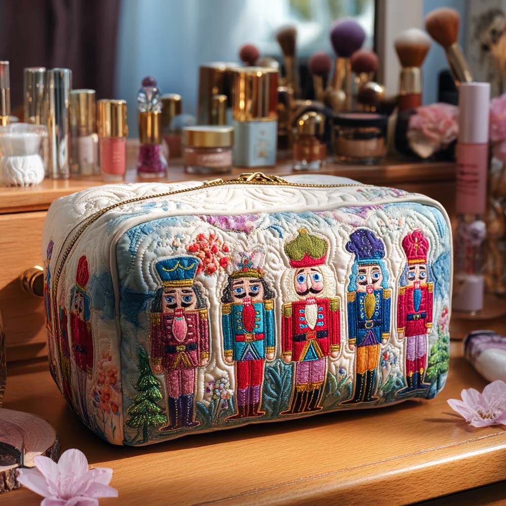 Front view of the Margot handmade cosmetic bag featuring a festive nutcracker print on quilted fabric.