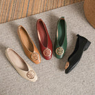 Interior view of a brown square-toe flat, revealing the soft microfiber lining and comfortable faux-leather insole.