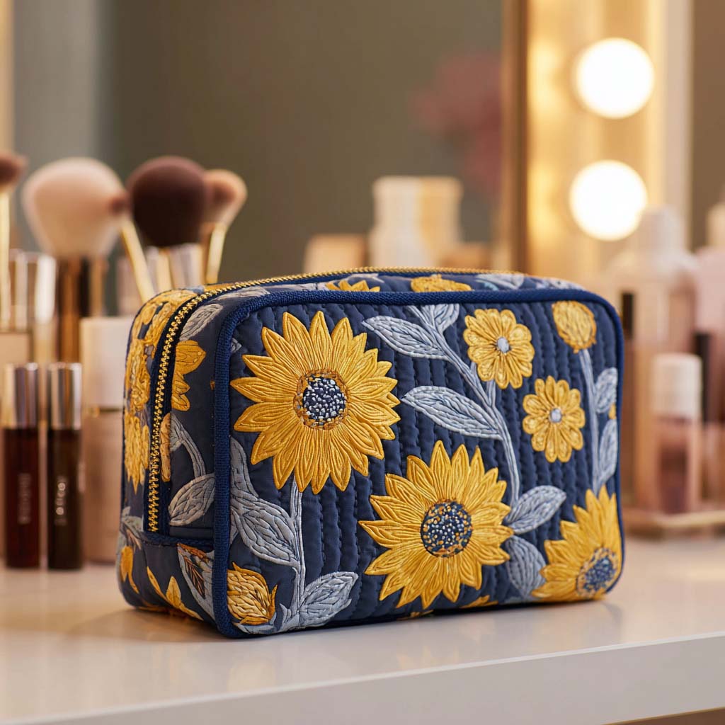 Front view of the Nina quilted cosmetic bag in a vibrant floral pattern, showcasing its elegant design and soft texture.