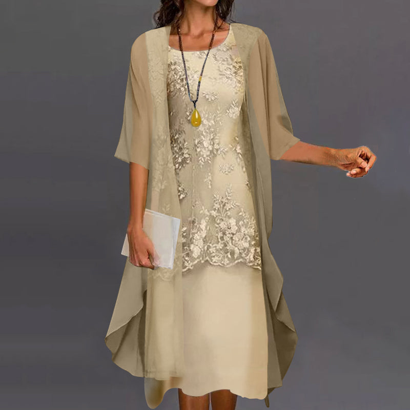 Back view of the Noelle elegant chiffon dress in lilac, showing the layered design and comfortable fit.