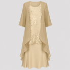 Detailed shot of the 3/4 sleeves and round neckline of the Noelle chiffon dress, emphasizing its refined style.