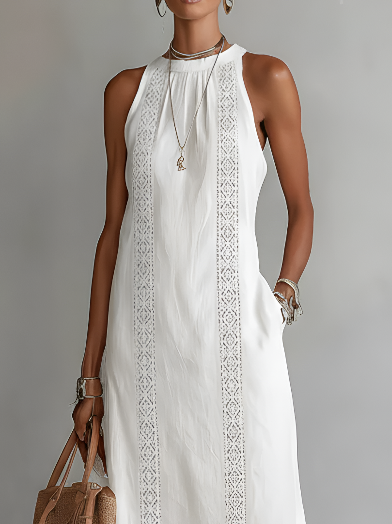 Close-up detail of the Mao collar on the yellow midi dress, emphasizing its clean, sophisticated design.