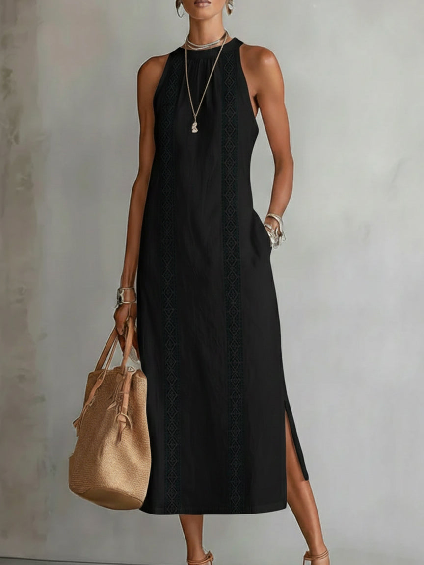 Frontal view of the Eleni midi dress in yellow, showcasing the full length and how it enhances the wearer's figure.