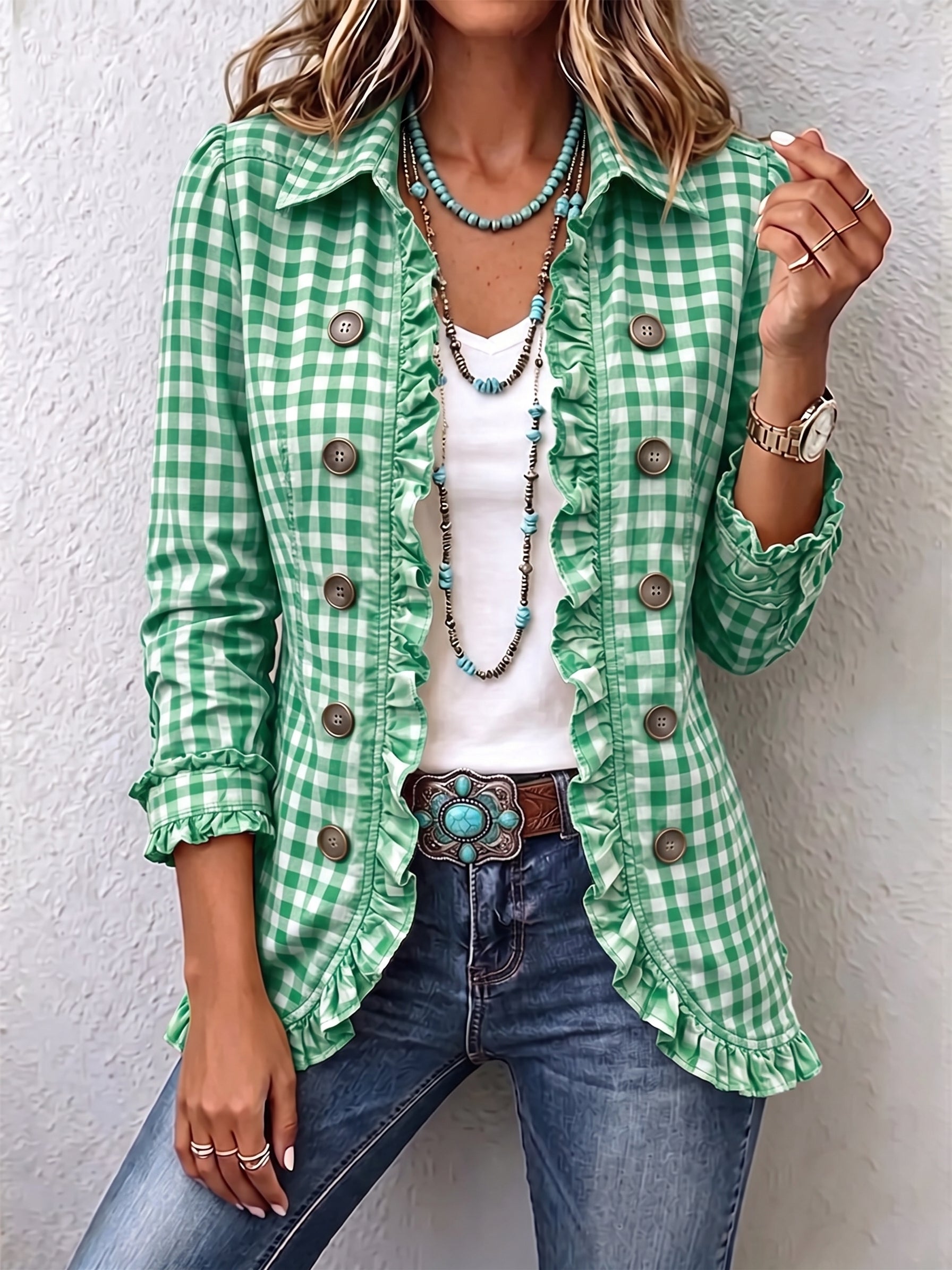 Henrietta | Gingham Ruffle Button-Up Jacket