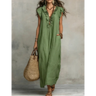 Side profile of the flowing silhouette of the bohemian long maxi dress, showcasing its graceful movement.