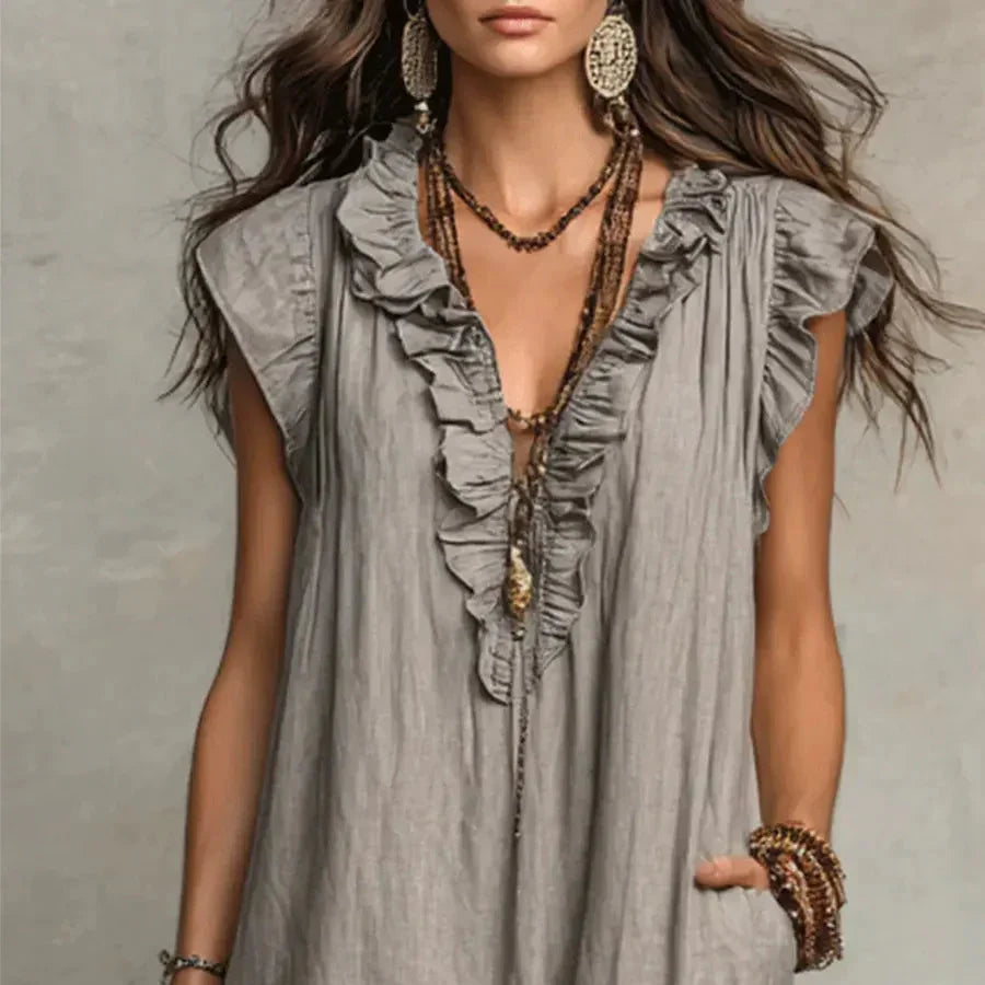Front view of the Saskia long maxi dress in a different color, highlighting its versatile appeal.