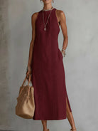 Detailed view of the practical side pockets on the Eleni midi dress, showing their integration into the design.