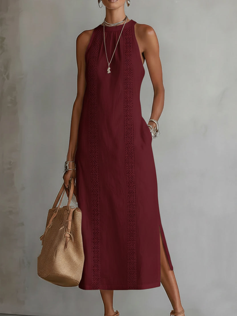 Detailed view of the practical side pockets on the Eleni midi dress, showing their integration into the design.
