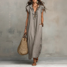 Full front view of a woman wearing the Saskia Bohemian Long Maxi Dress in a natural outdoor setting.