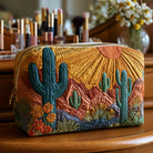 Front view of a Romy quilted cosmetic bag in a light color, adorned with a vibrant cactus print, resting on a clean surface.