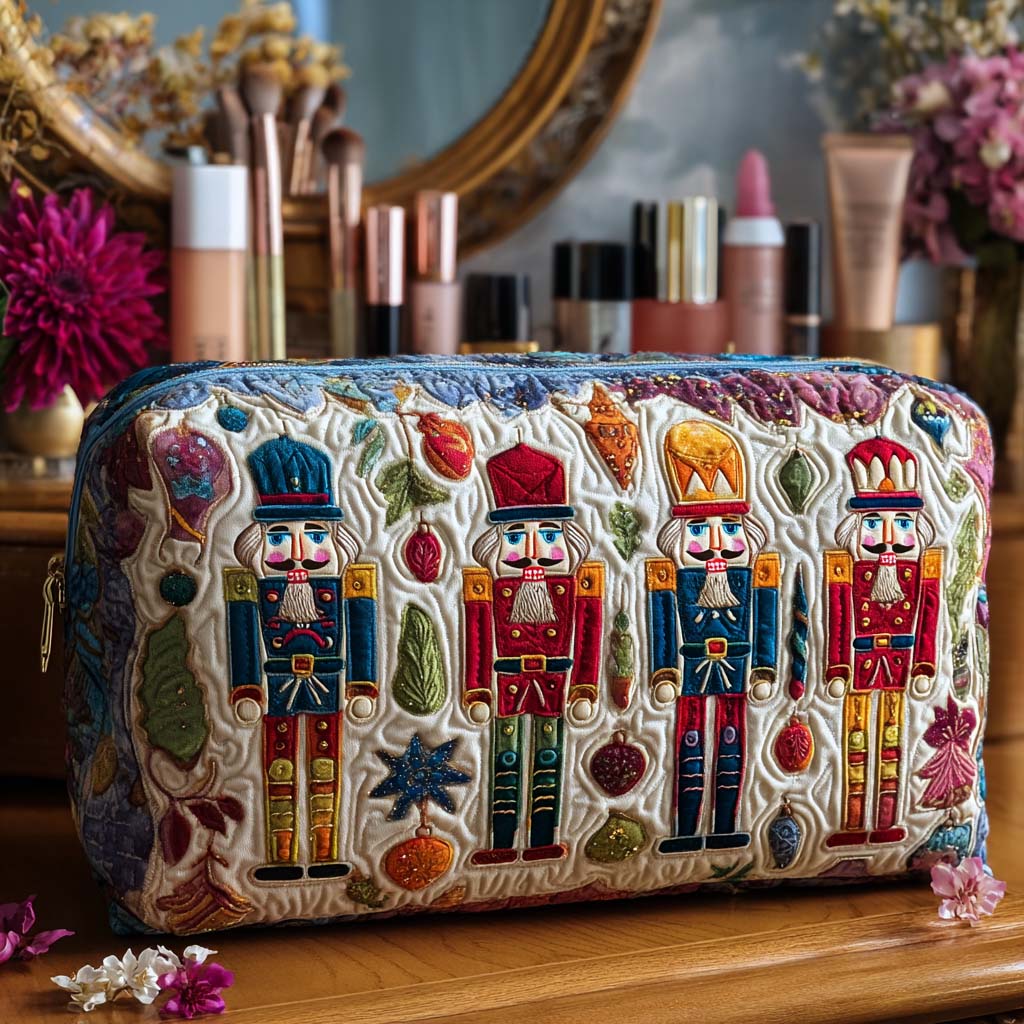 Elegant Soraya quilted cosmetic bag in a festive nutcracker pattern, showcasing its secure zip closure and soft texture.