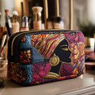 Close-up of a Soraya quilted cosmetic organizer in a radiant motif print, showcasing its texture and elegant pattern.