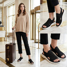 Woman enjoying a day out in blue knit platform sandals, illustrating all-day comfort and effortless style.