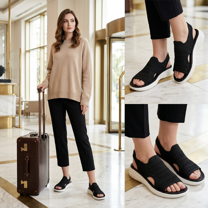 Woman enjoying a day out in blue knit platform sandals, illustrating all-day comfort and effortless style.