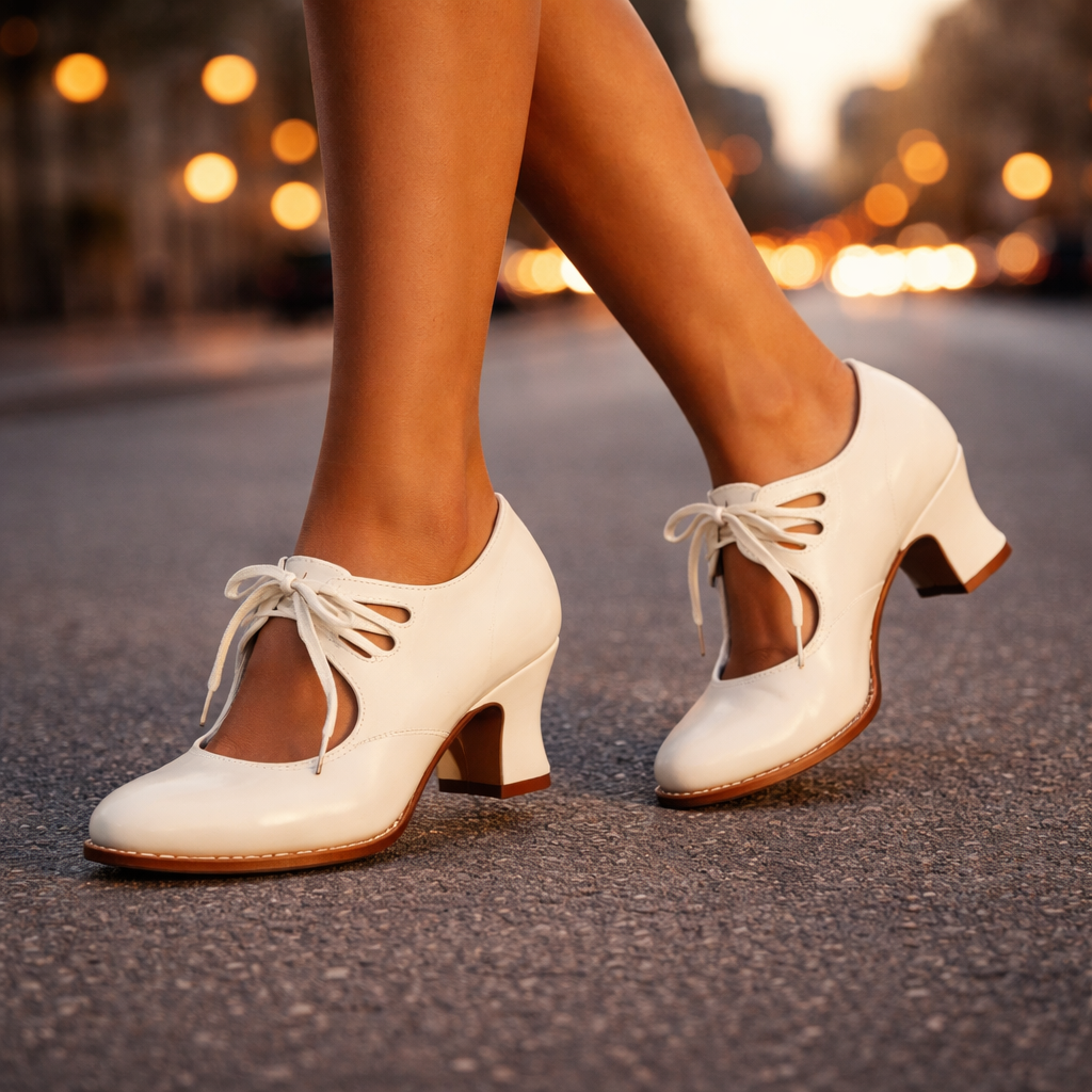 Detailed view of the polished leather texture on the Talia elegant lace heels.