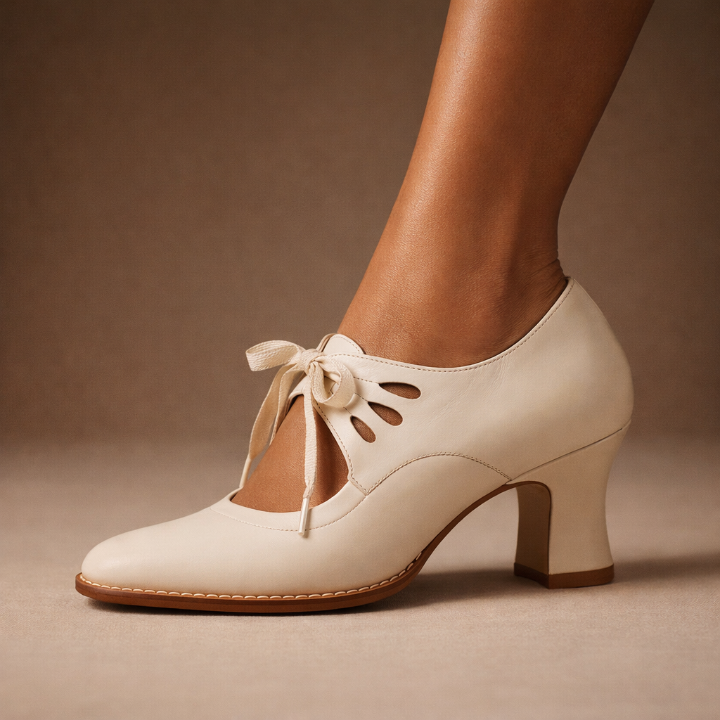 Woman wearing Talia elegant leather lace heels in blue, walking confidently.