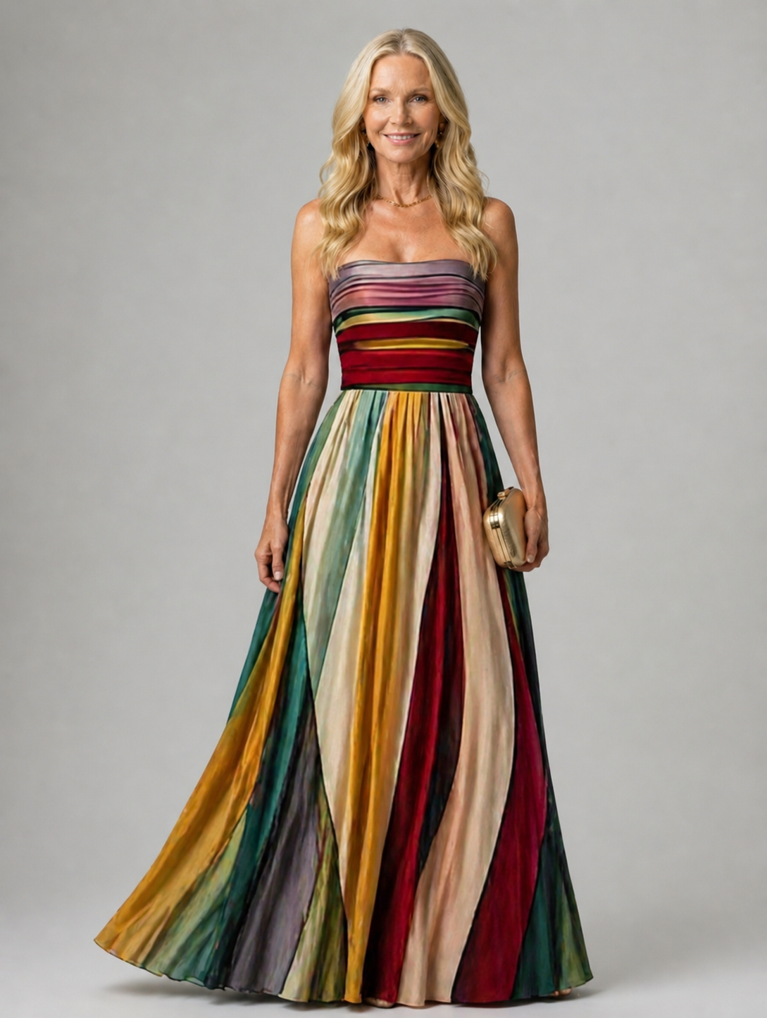 Front view of the Thalia strapless A-line dress in a soft coral color, showcasing its flowy silhouette.