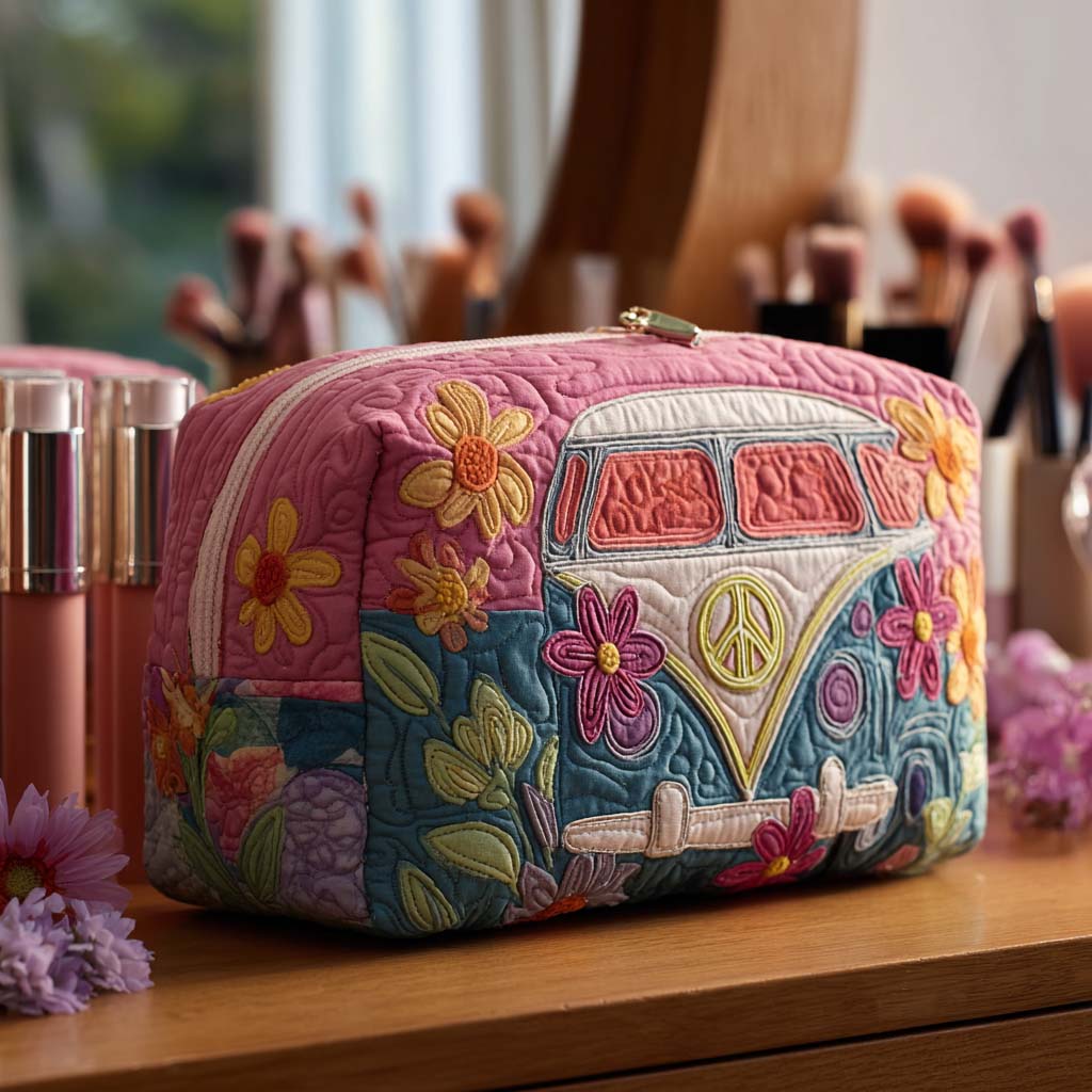 Viviana Quilted Cosmetic Organizer Bag in retro floral pattern, showcasing its textured fabric and vibrant design.